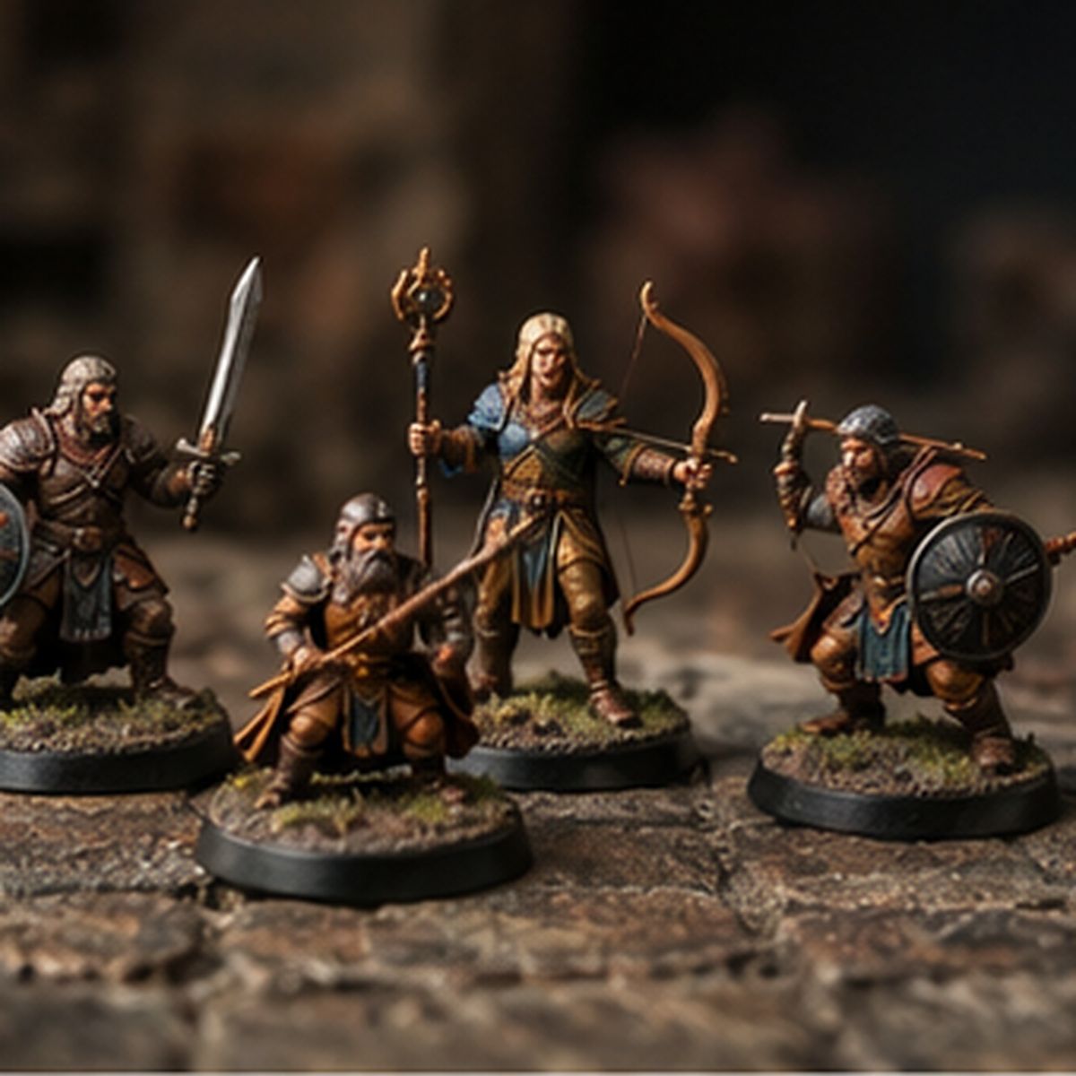 Painted miniatures ranked on display