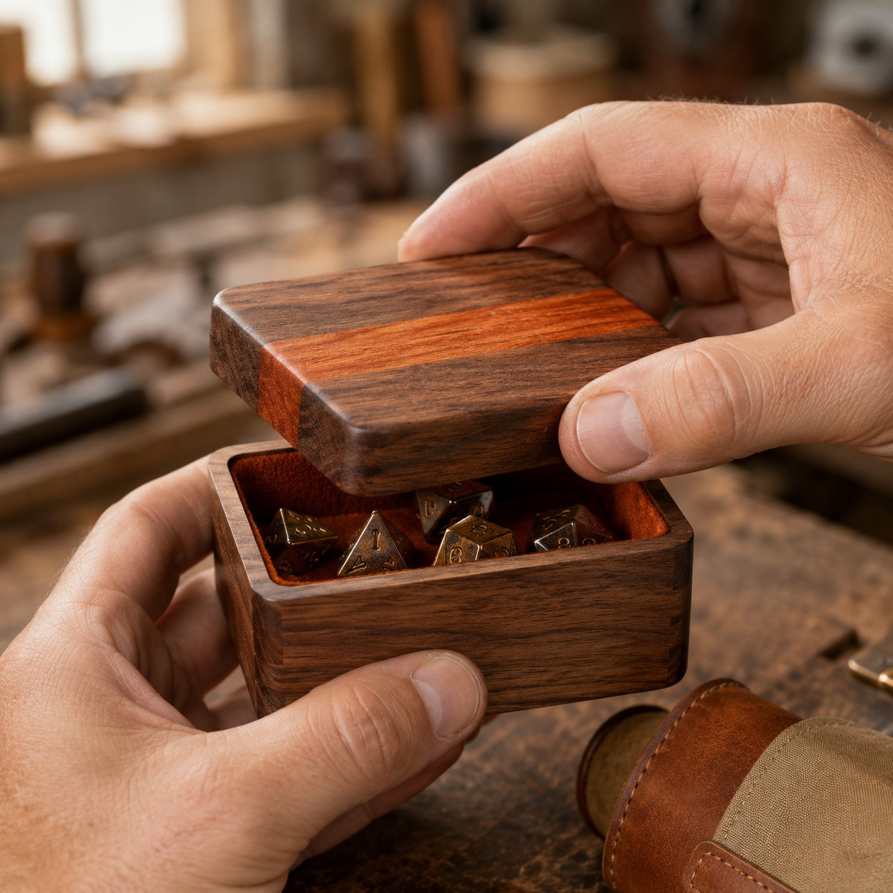 A hardwood dice vault being opened at the workshop bench
