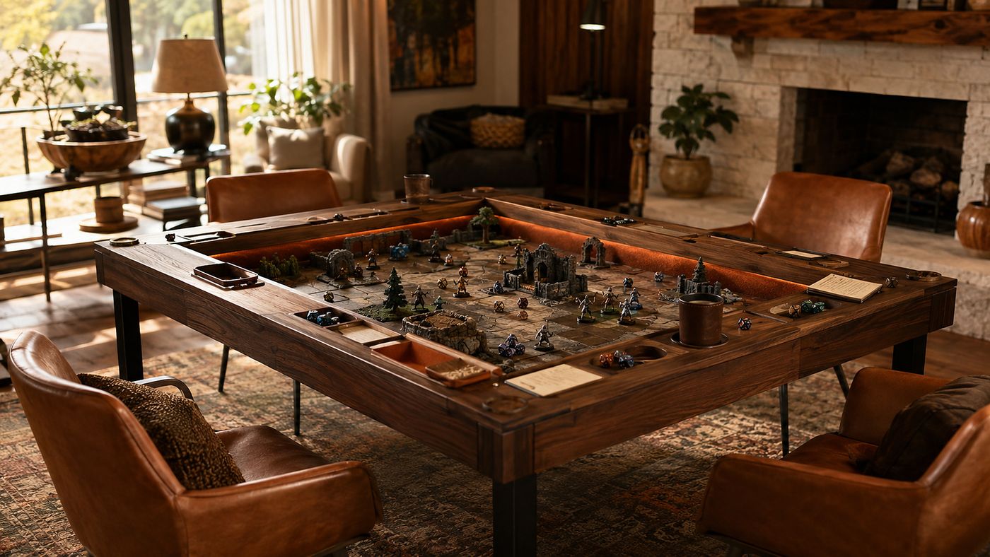 A hardwood gaming table mid-campaign — painted miniatures, terrain, and dice laid out in the play vault