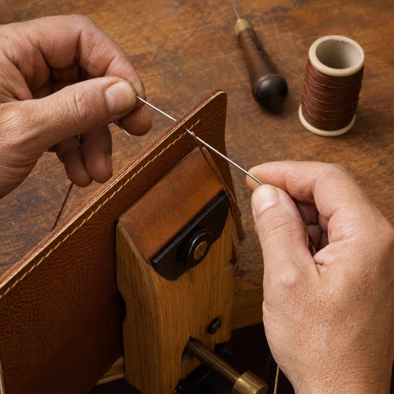 Hand-stitching full-grain leather at the bench