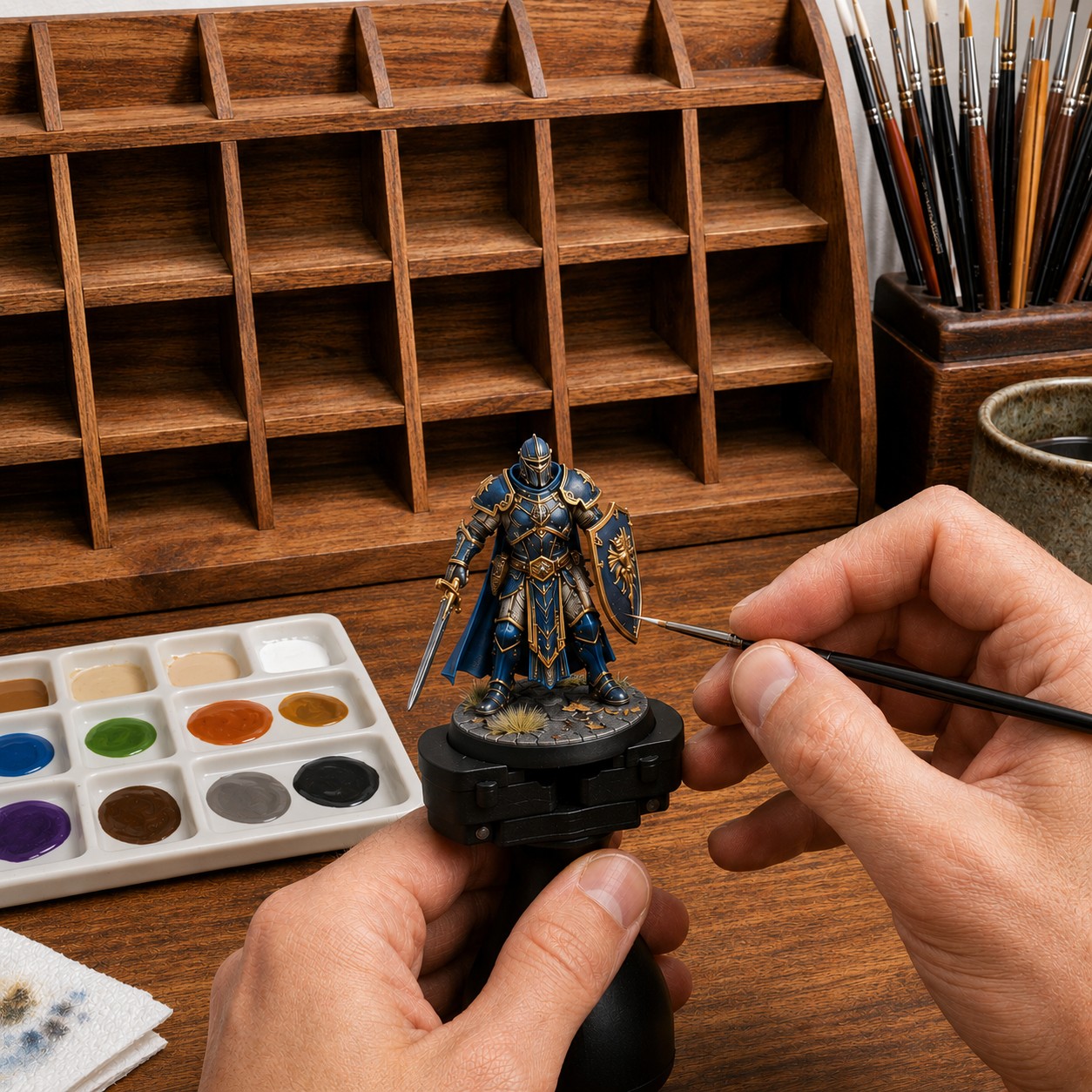Painting a miniature at the paint station